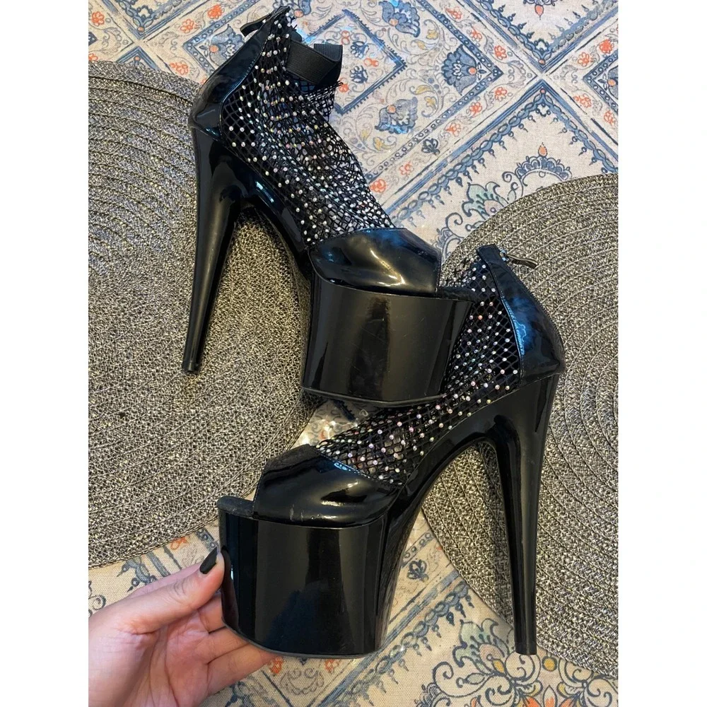 Black Patent Rhinestone Fishnet Platform Ankle Boots Open Toe Stiletto Heels